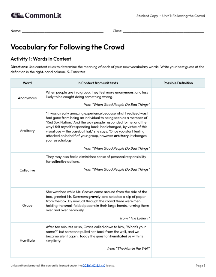 CommonLit 360 9th Grade Unit 1 Vocab Lesson