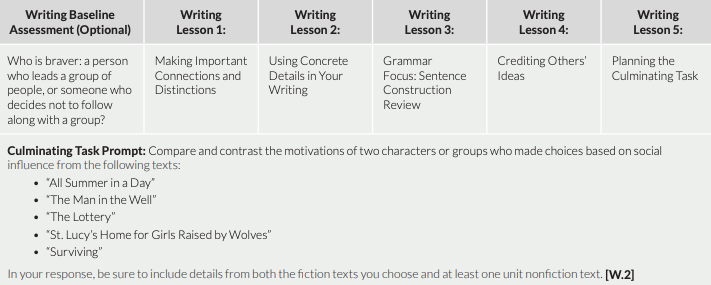 A screenshot of the arc of writing instruction for 9th Grade Unit 1, demonstrating how the writing units are chunked to allow for greater student understanding.