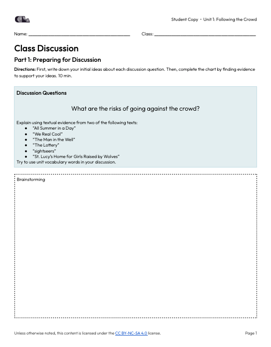 A screenshot of the class discussion lesson for 9th Grade Unit 1. 