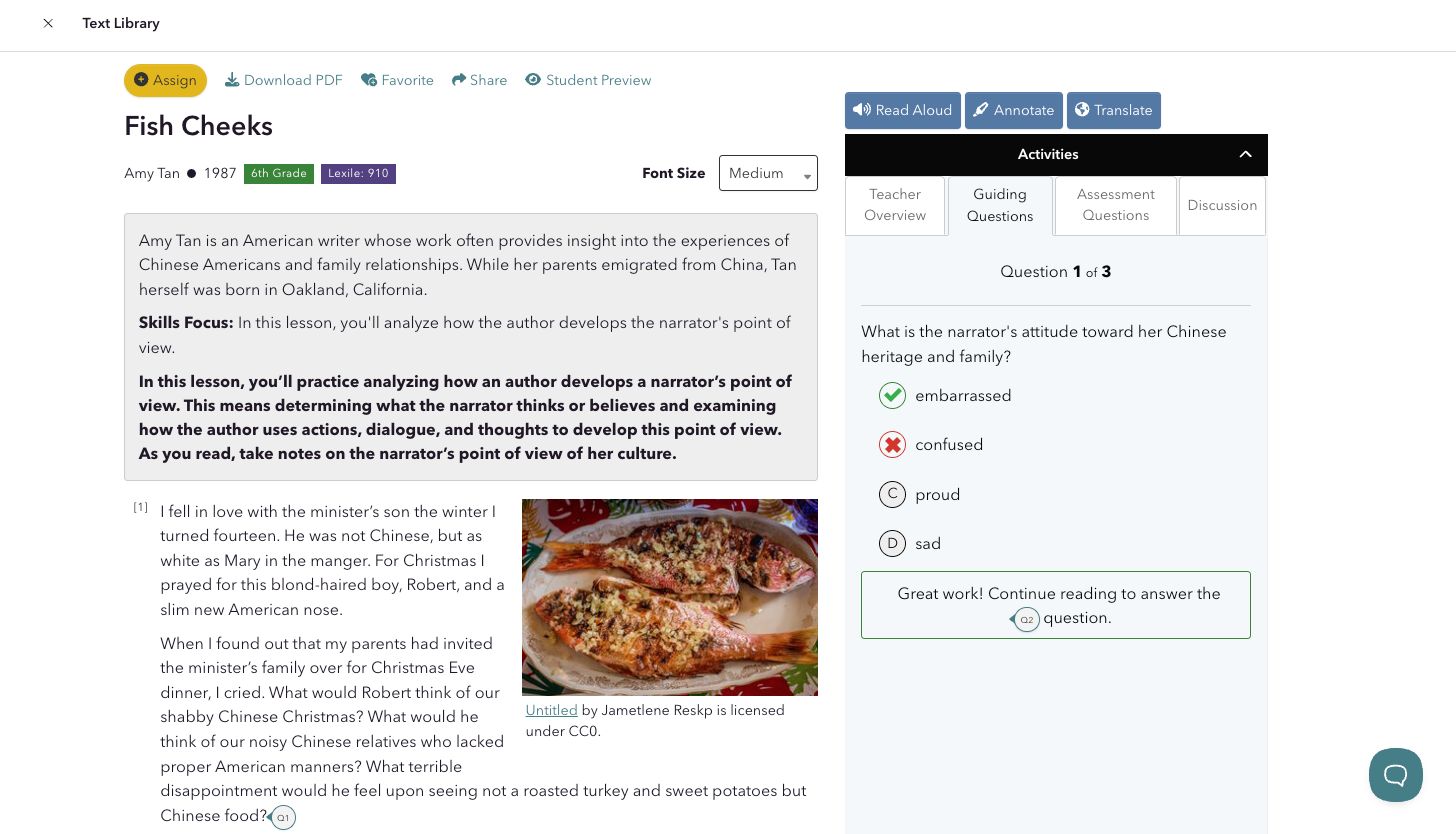 Choosing a correct answer in Guided Reading Mode reveals the next section of text.