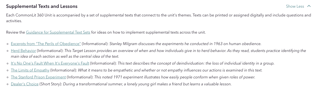 CommonLit 360 9th Grade Unit 1 supplemental texts and lessons.