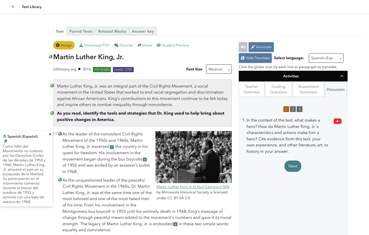 Translation tool in the lesson "Martin Luther King, Jr."