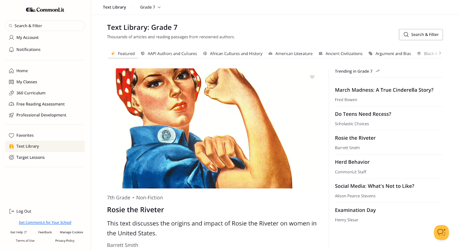 A screenshot of CommonLit's Text Library