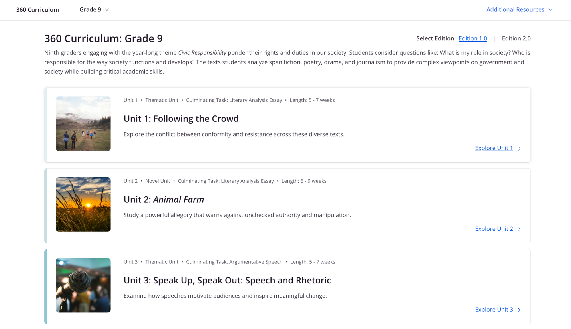 CommonLit 360 unit page for 9th grade