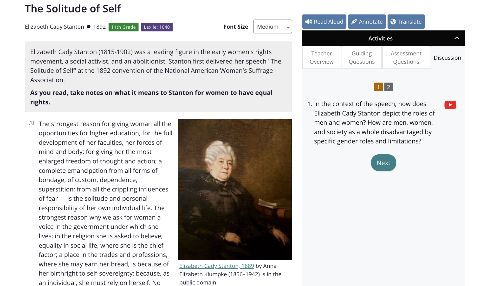 The Solitude of Self by Elizabeth Cady Stanton CommonLit Reading Lesson