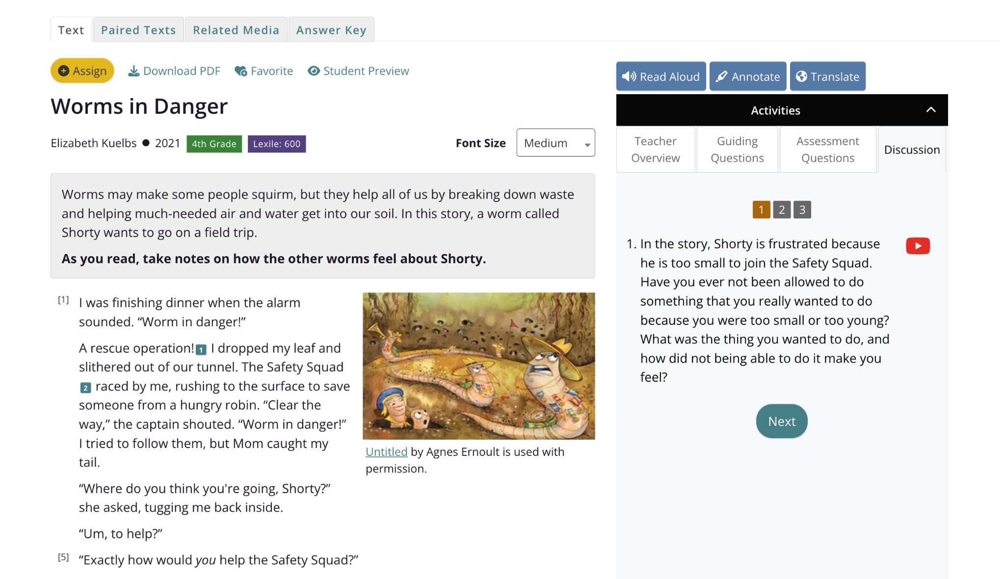 "Worms in Danger" by Elizabeth Kuelbs CommonLit reading lesson