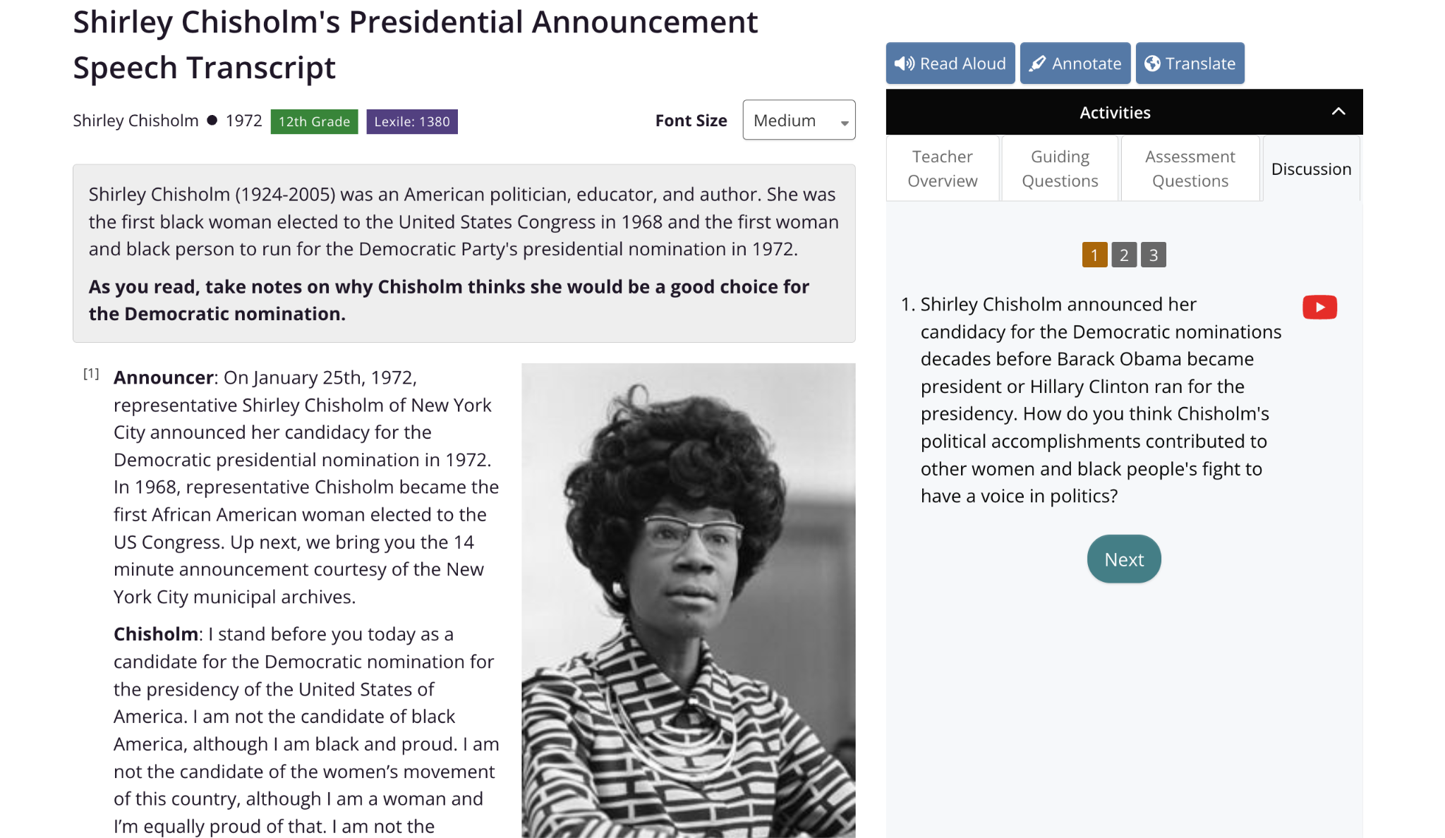 Shirley Chisholm's Presidential Announcement Speech Transcript CommonLit reading lesson
