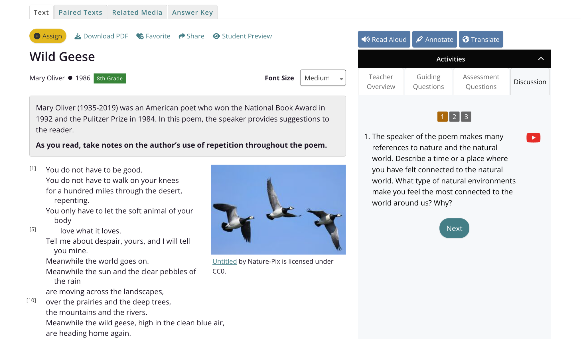 Wild Geese by Mary Oliver CommonLit reading lesson