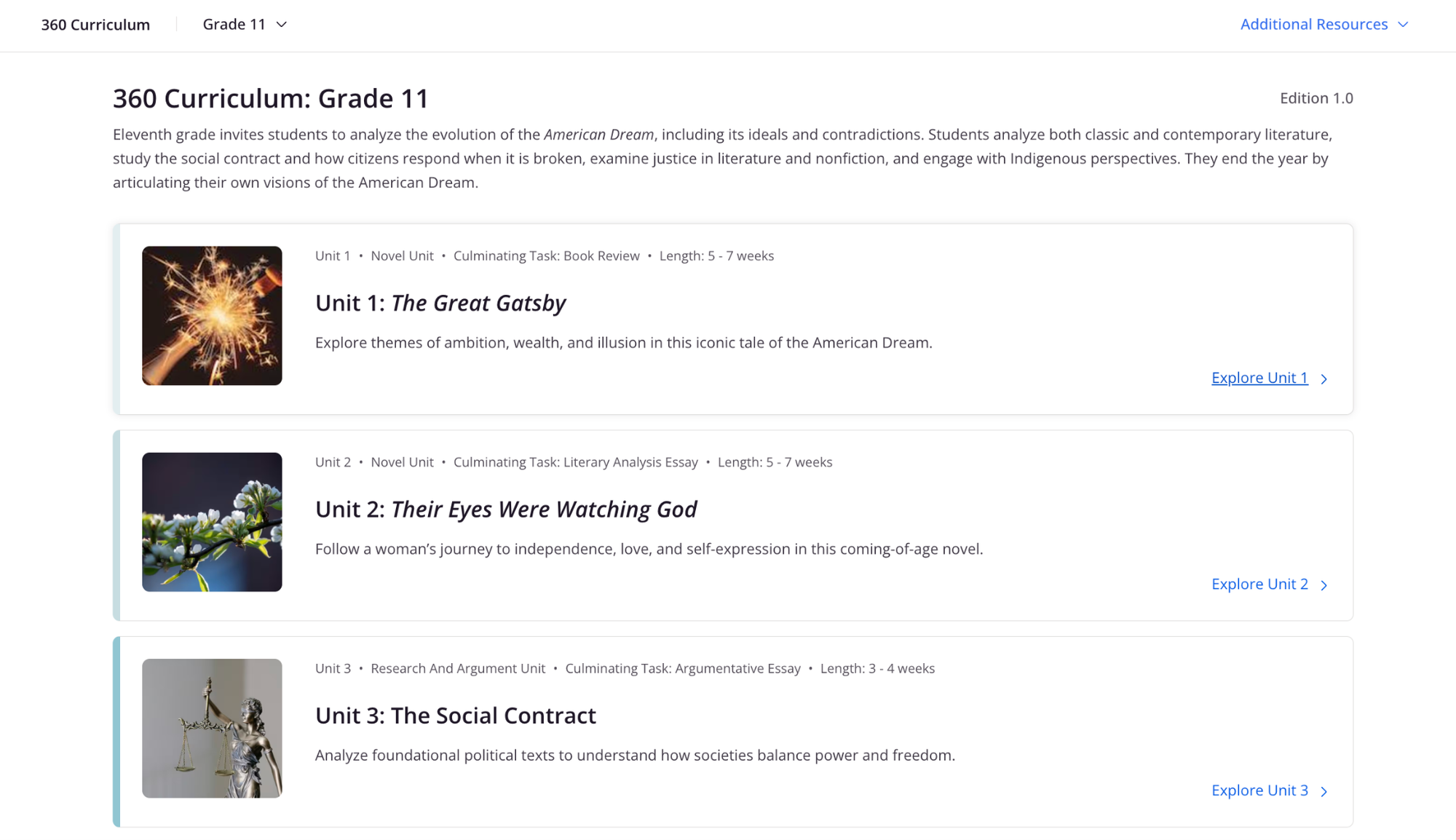 CommonLit 360 Unit Page for 11th Grade