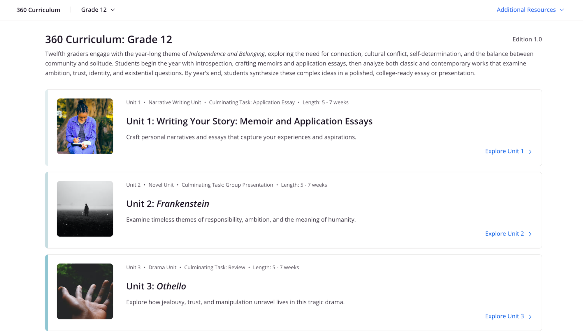 CommonLit 360 unit page for 12th grade