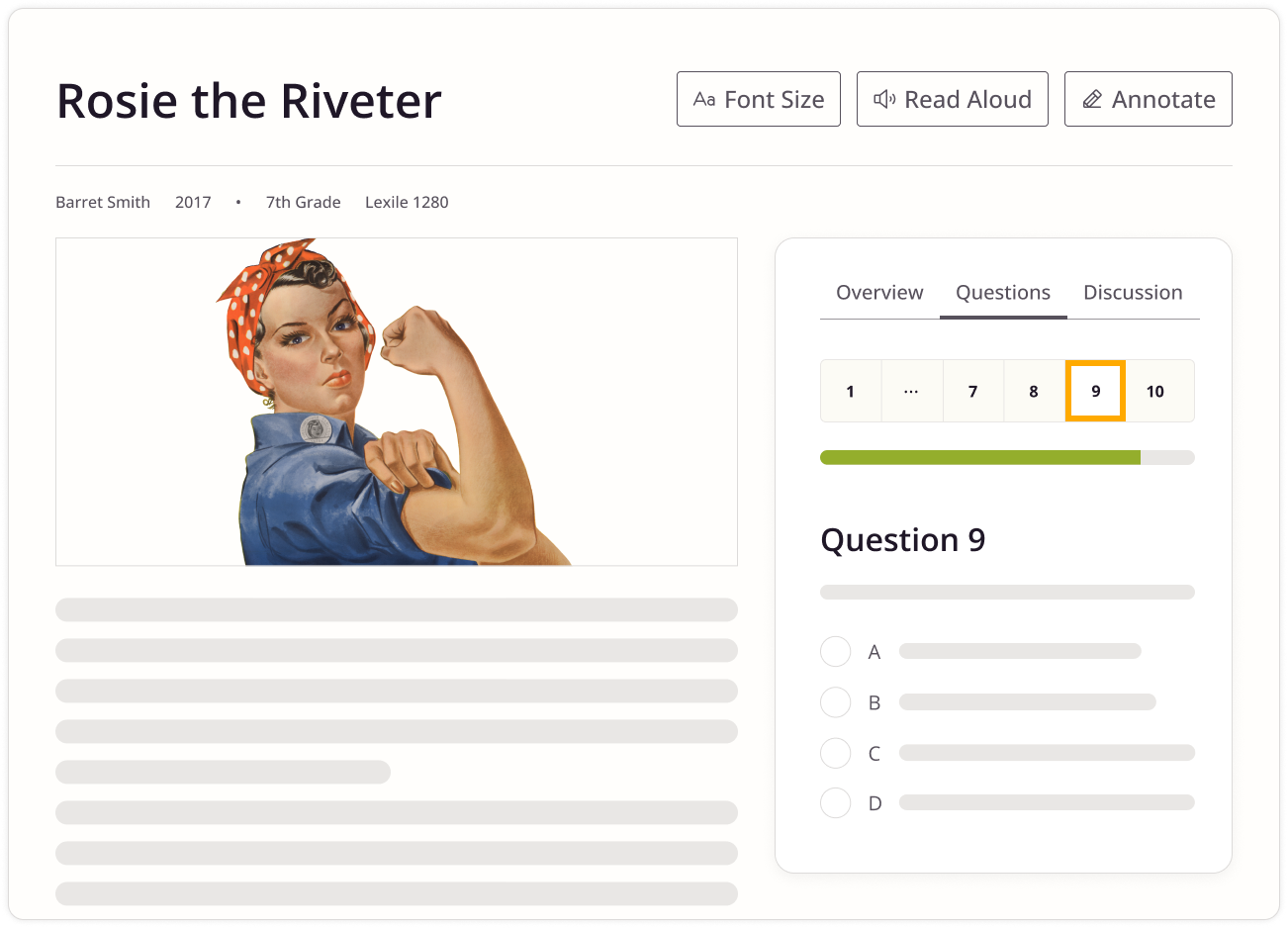 A preview of the assessment questions feature for CommonLit lessons.