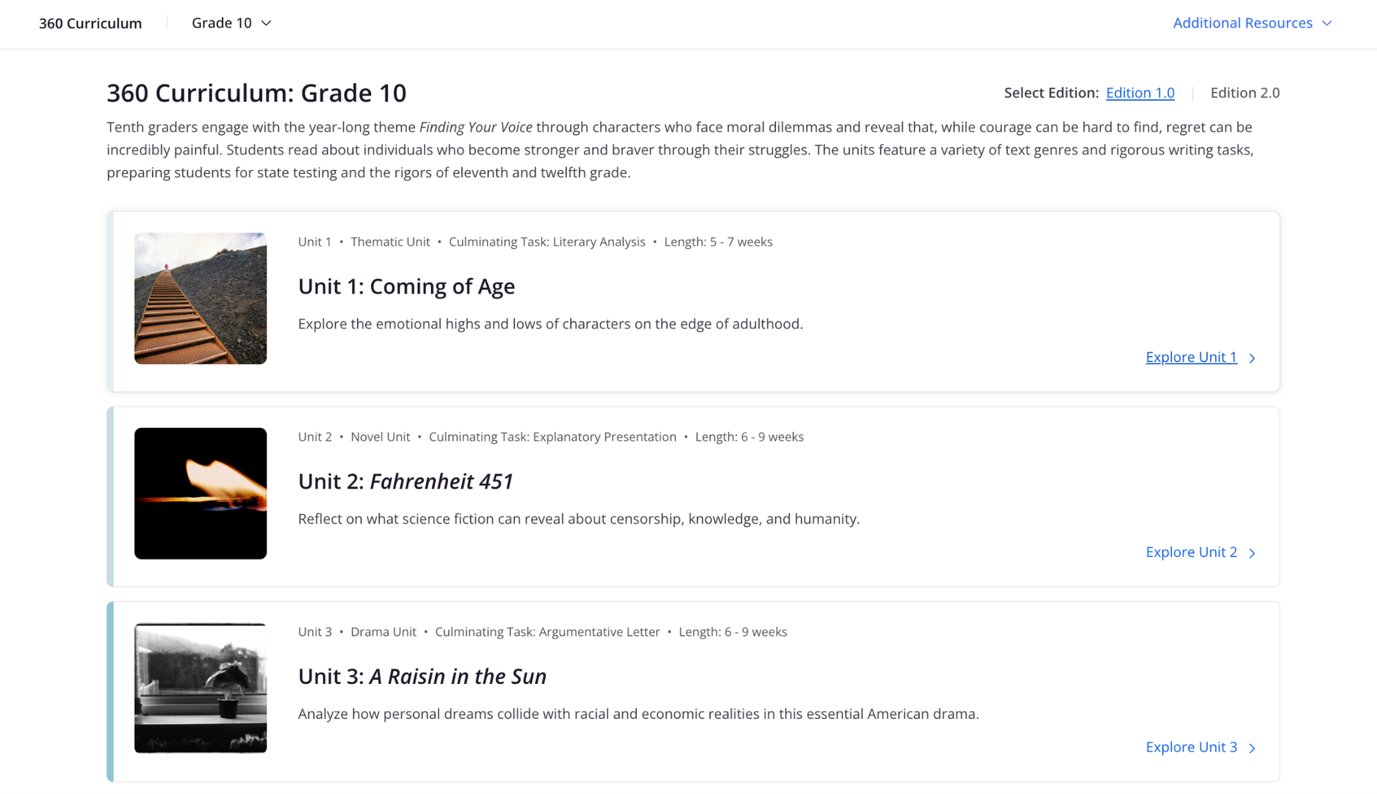 CommonLit 360 unit page for 10th grade