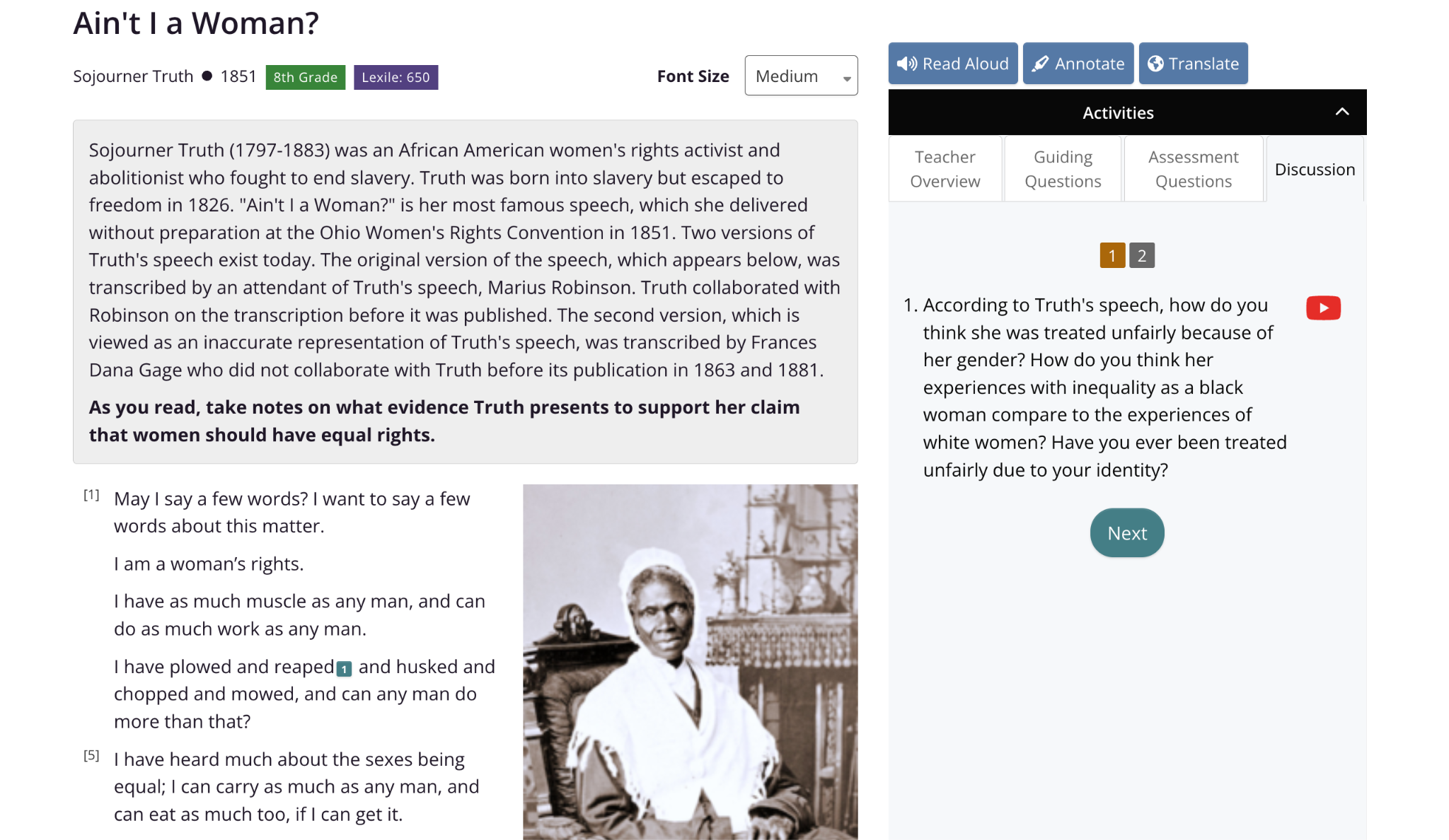 Ain't I a Woman? by Sojourner Truth CommonLit reading lesson