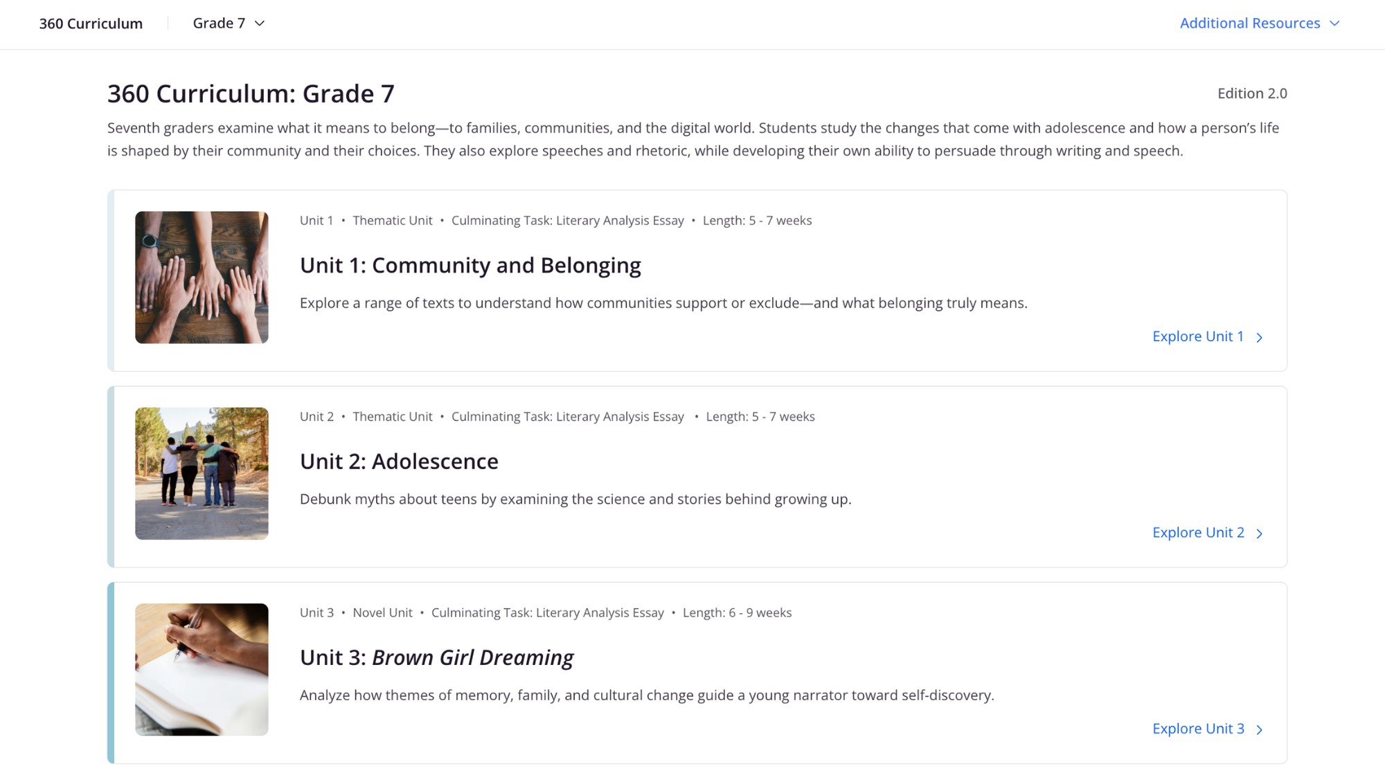 CommonLit 360 unit page for 7th grade.