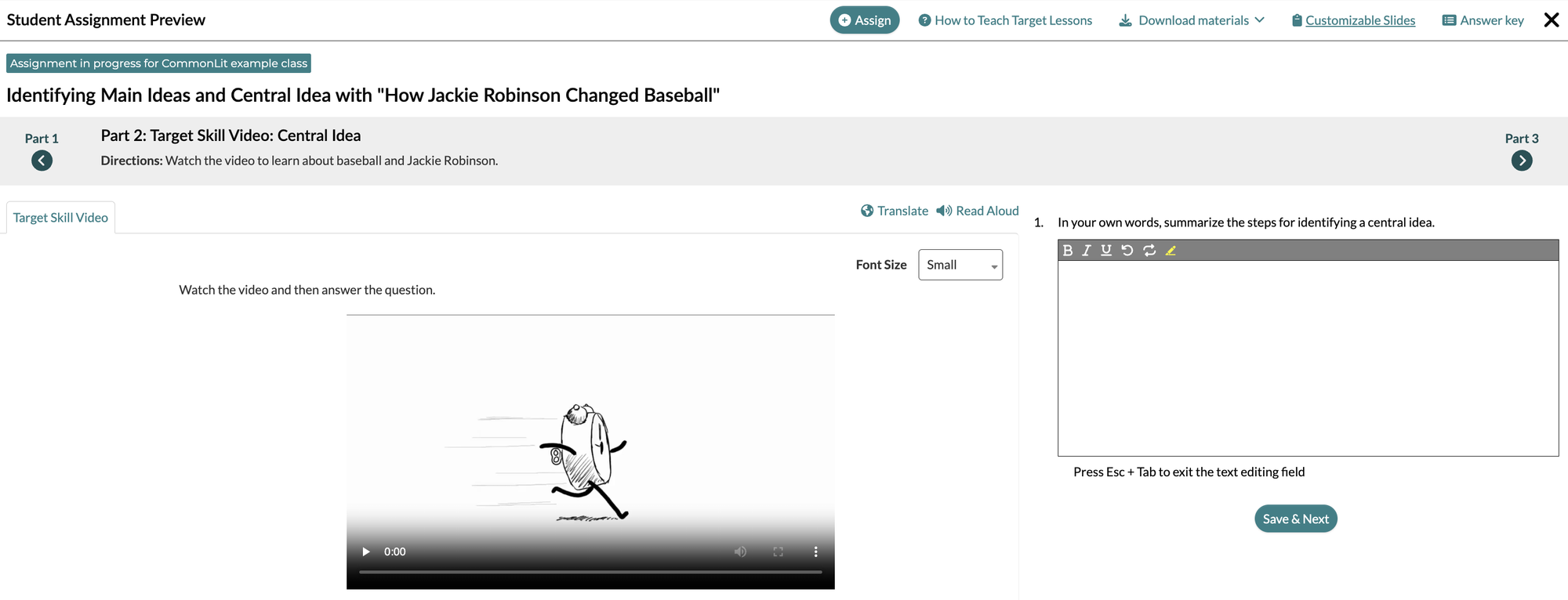 Main Ideas section of Target Lesson: How Jackie Robinson Changed Baseball.