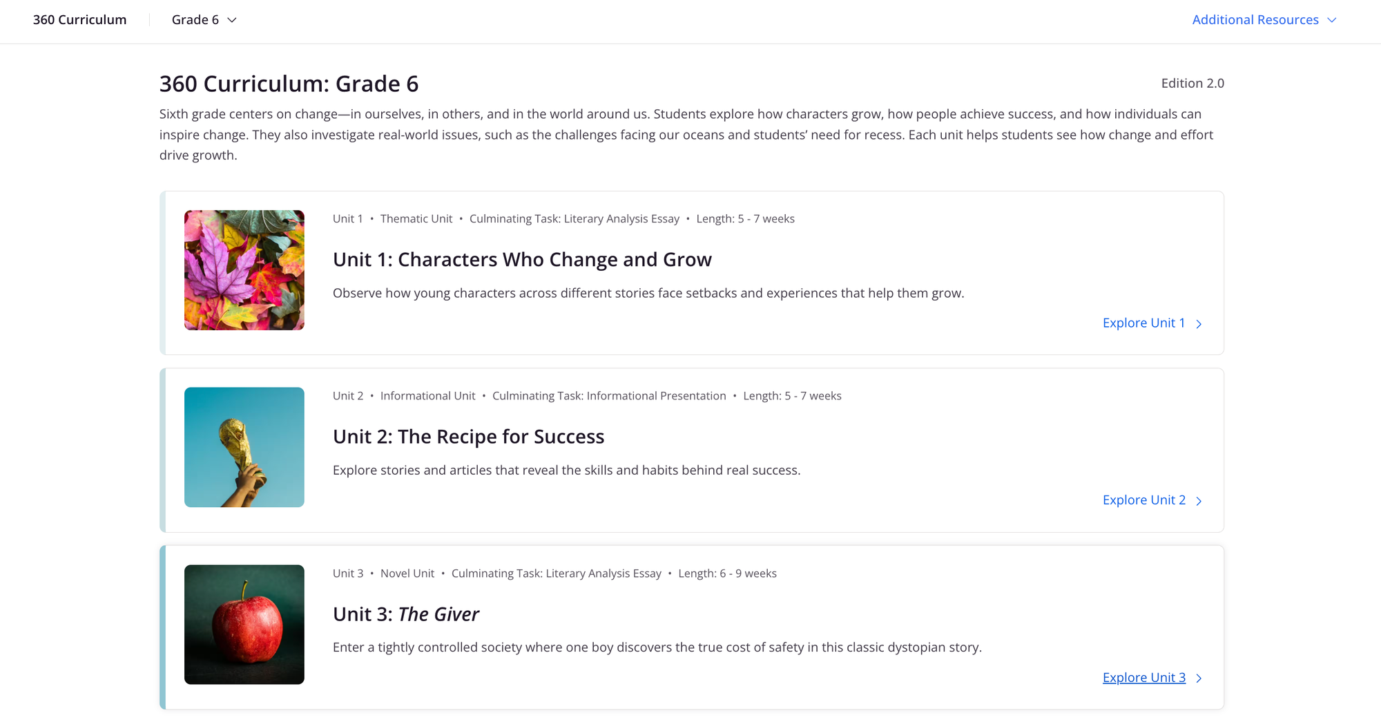 6th Grade CommonLit 360 Curriculum unit page