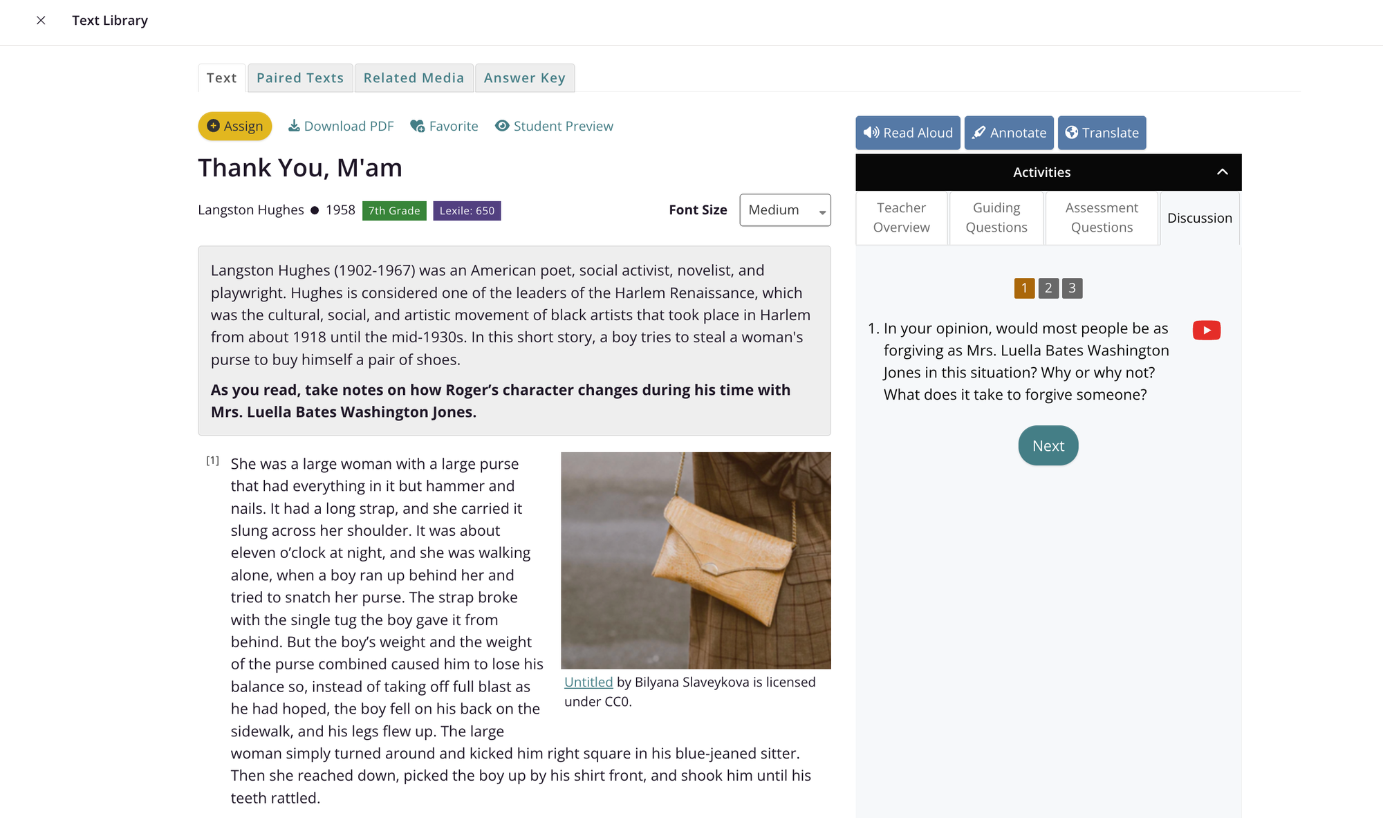 “Thank You, M’am” by Langston Hughes text from the CommonLit Library