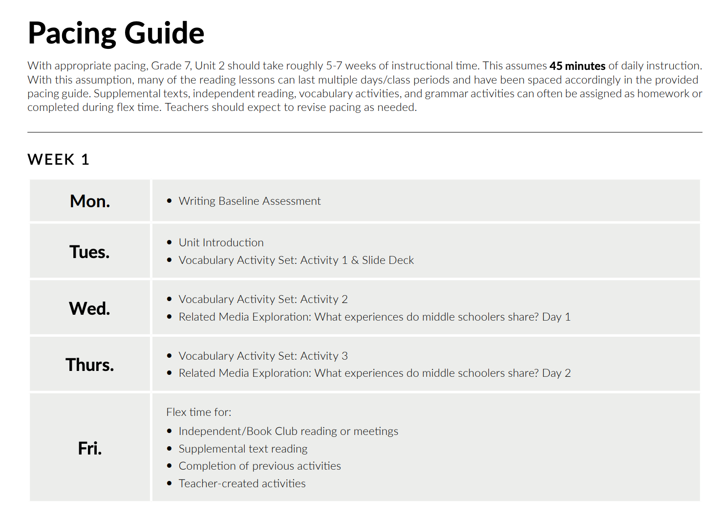 CommonLit 360 Pacing Guide for week one of 7th grade unit 2.
