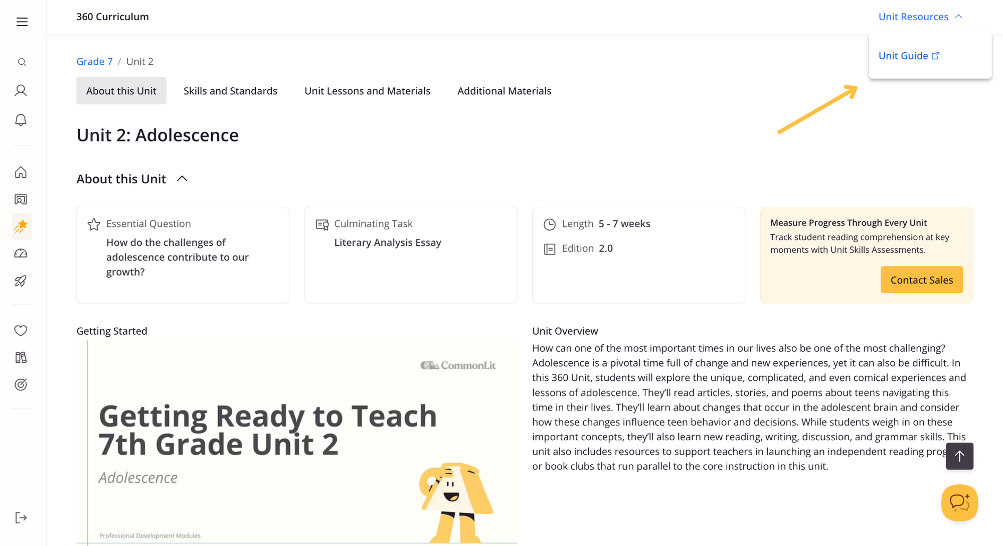 CommonLit 360 unit page for 7th grade unit 2.