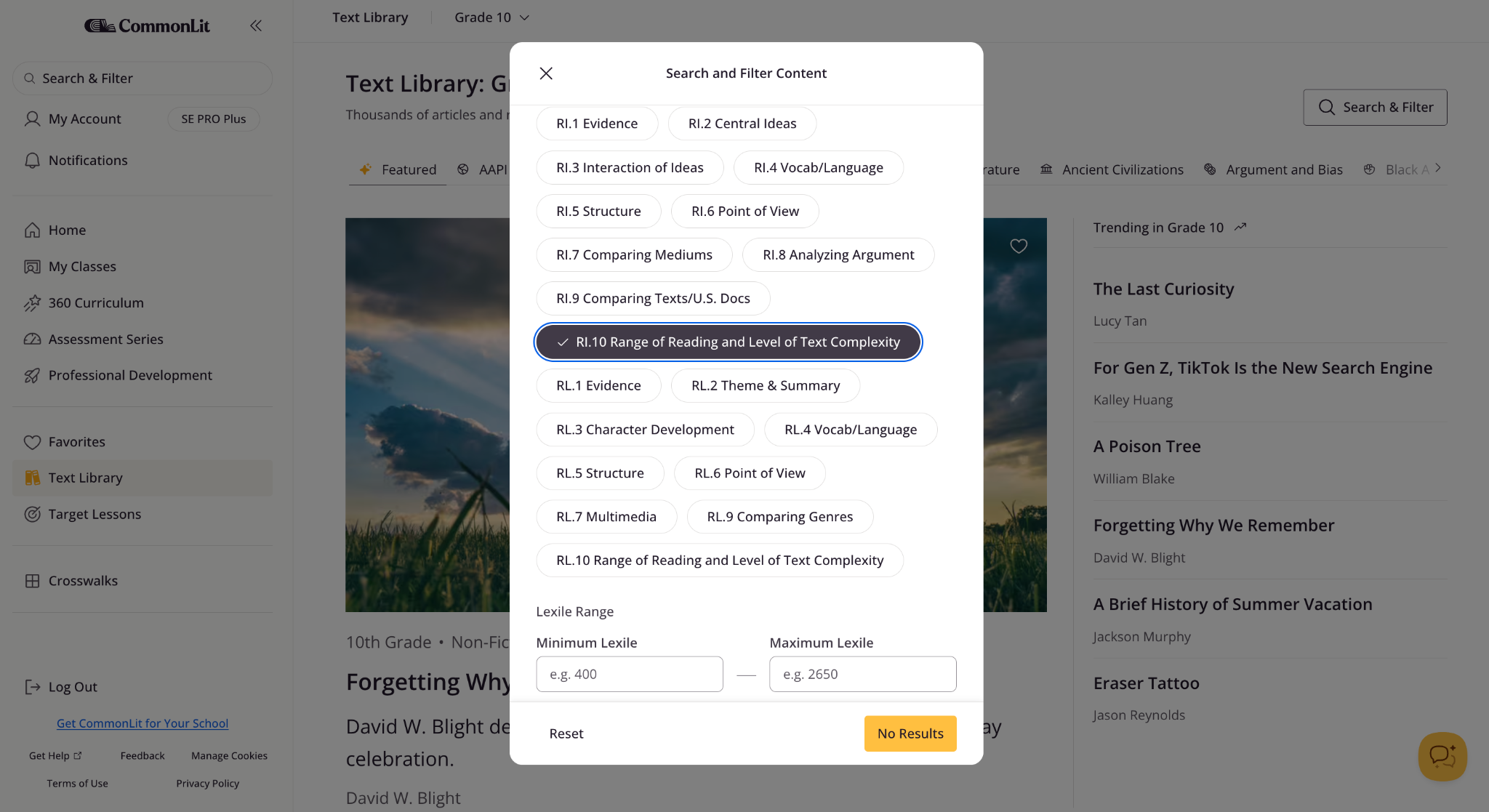 CommonLit's search functionality in the Text Library allowing you to search by standard, grade level, or Lexile.