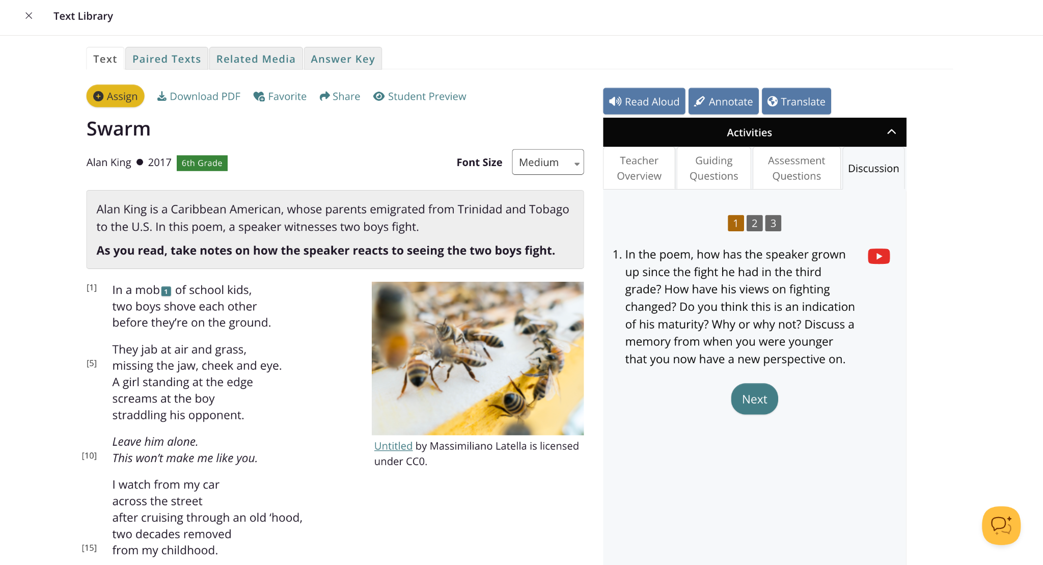 The CommonLit lesson for "Swarm" by Alan King