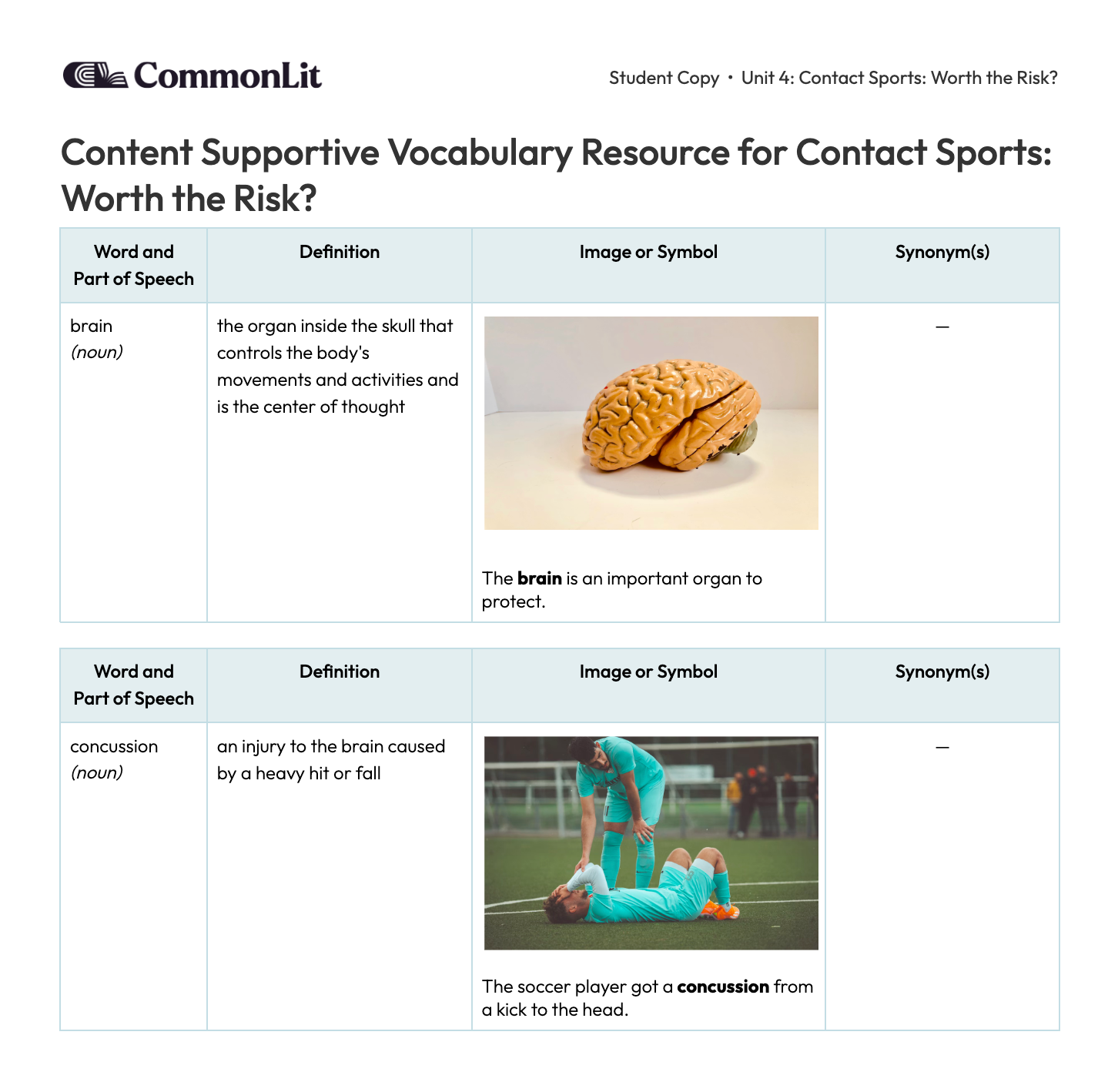 An example of a content supportive vocabulary resource.