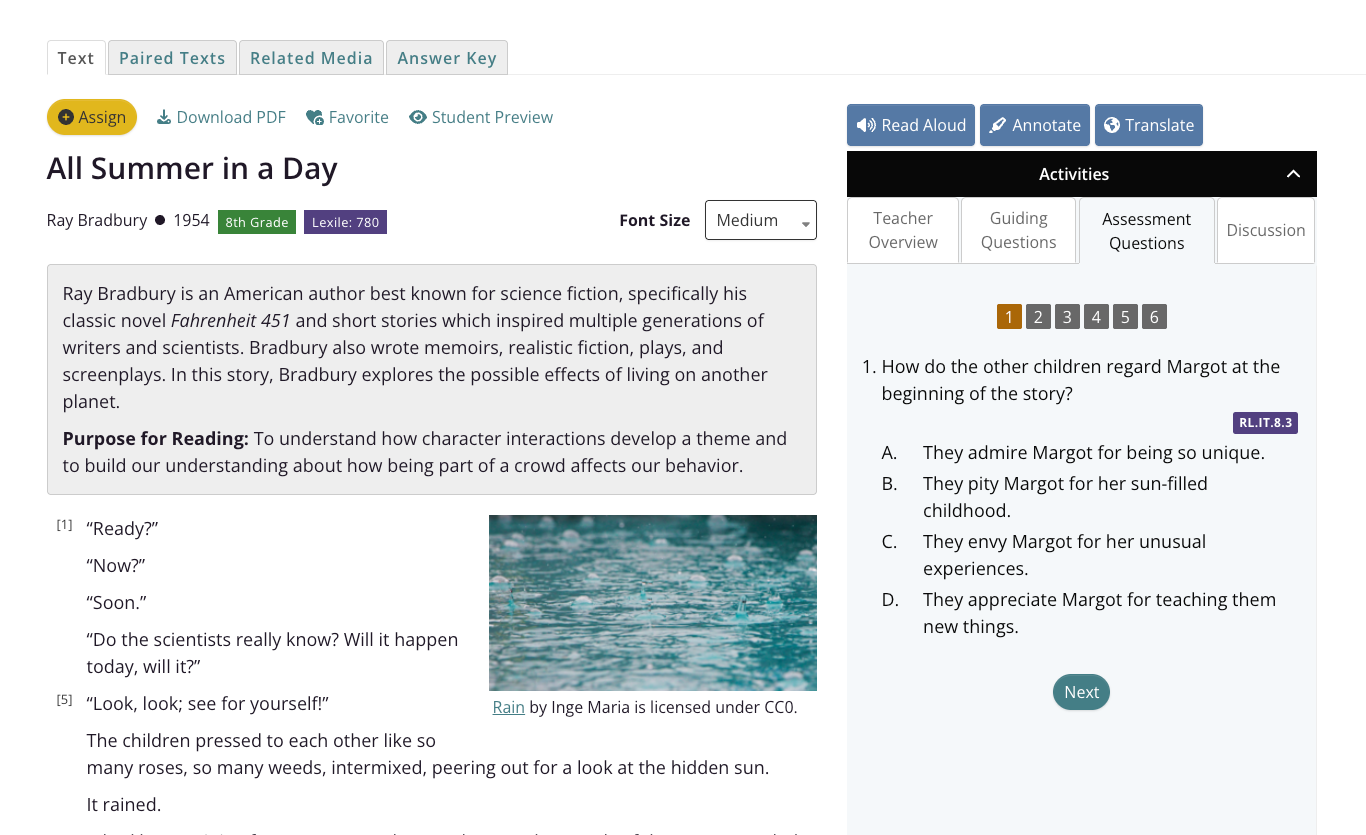 CommonLit Text Library lesson for "All Summer in a Day."