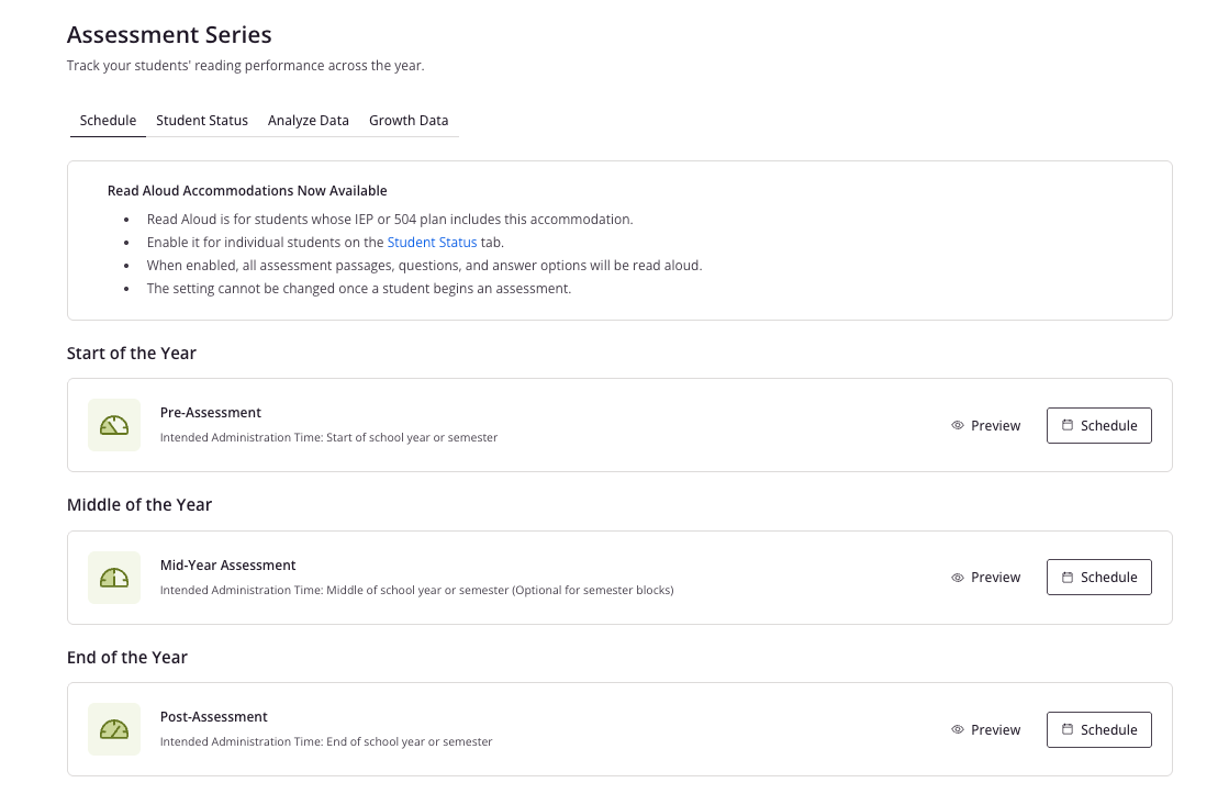 A screen shot of the Assessment Series data dashboard, demonstrating how to view student performance data.
