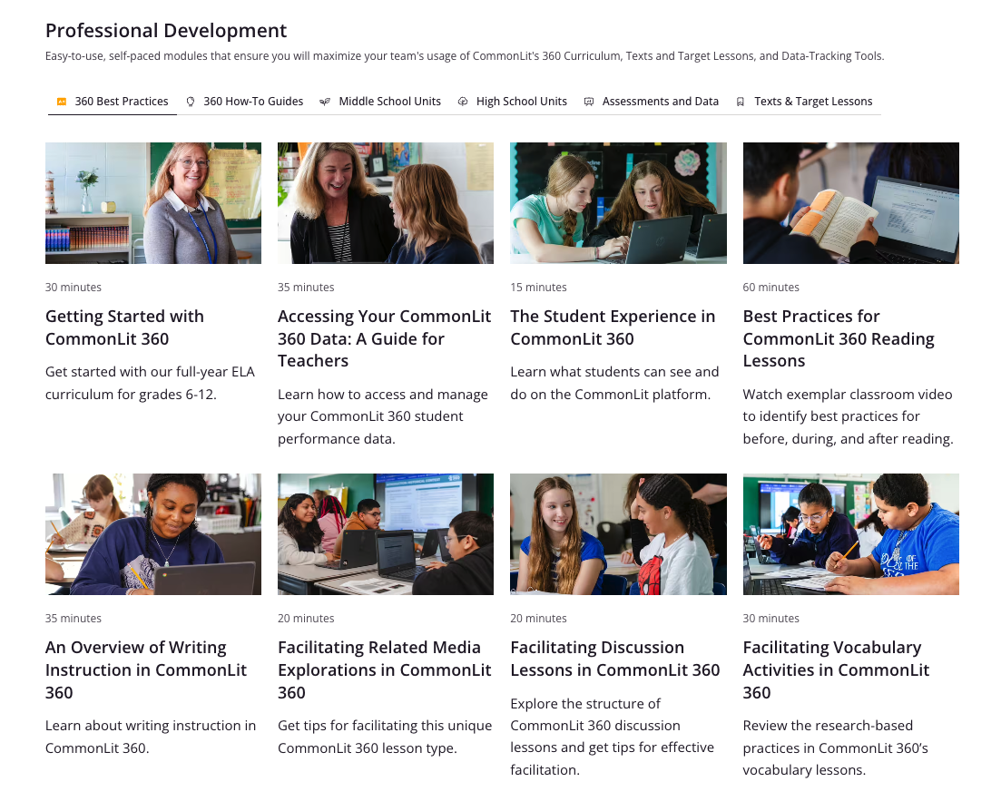 CommonLit's Professional Development Portal screenshot of CommonLit 360 Best Practices