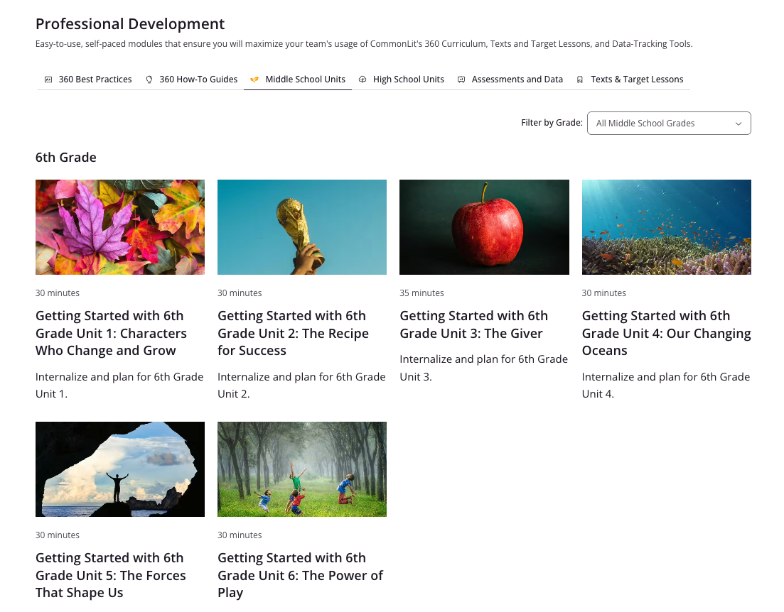 CommonLit's Professional Development Portal screenshot for Middle School CommonLit 360 Units