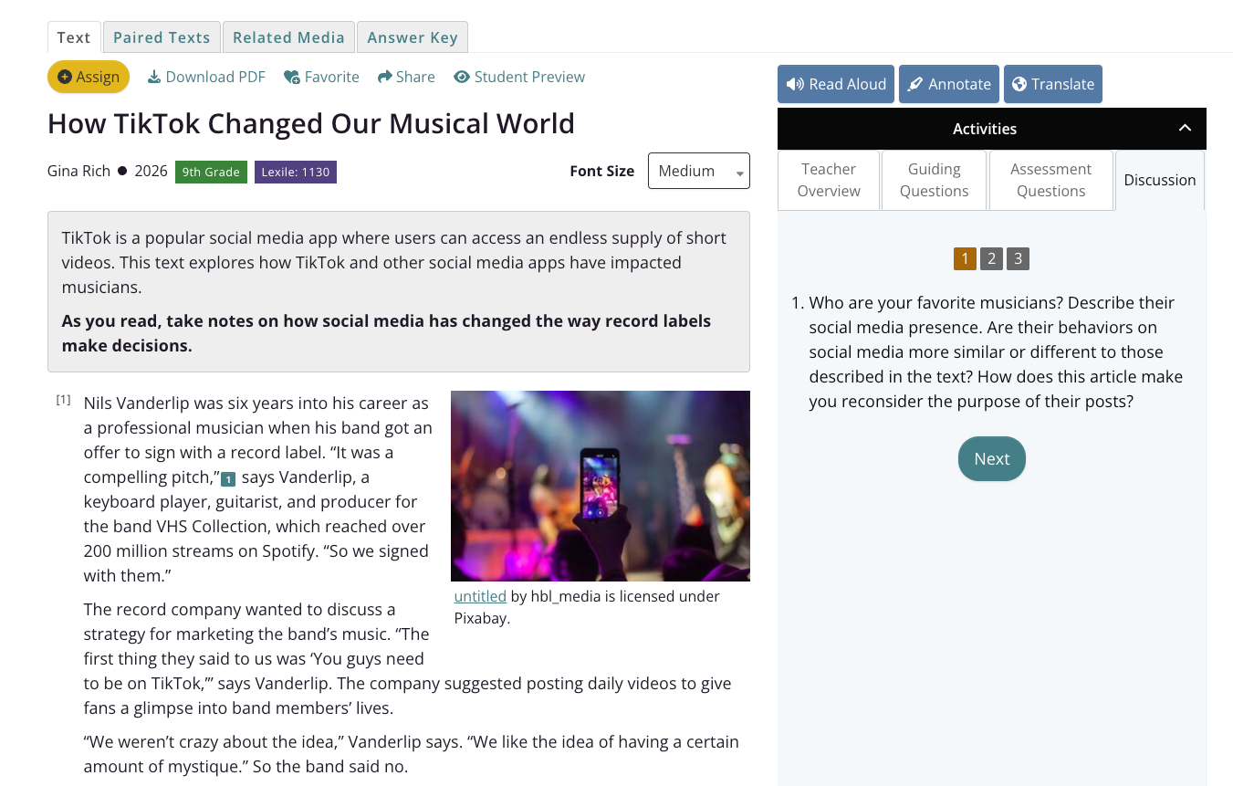 CommonLit lesson for "How TikTok Changed Our Musical World" by Gina Rich