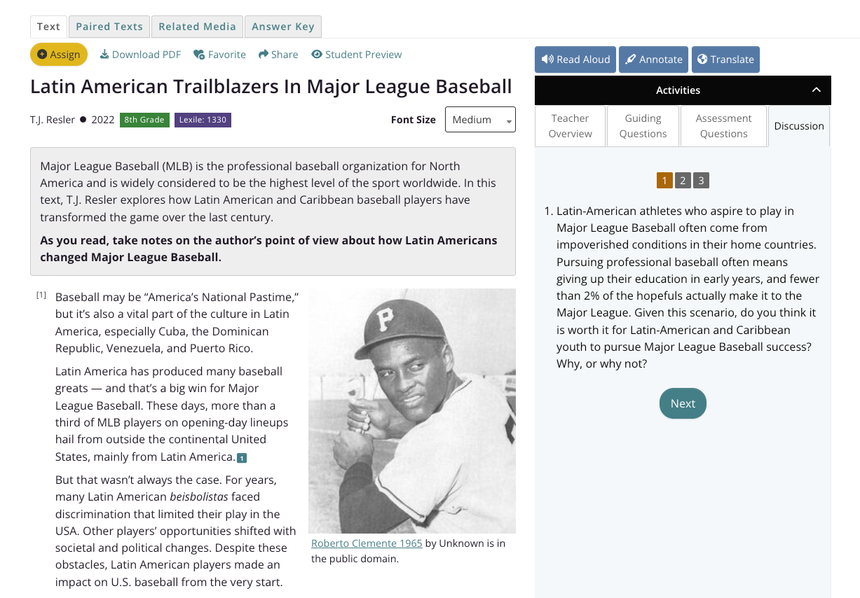 "Latin American Trailblazers In Major League Baseball" lesson on the CommonLit Text Library.
