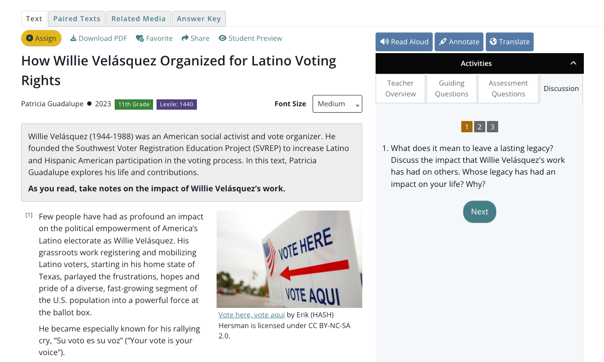 "How Willie Velásquez Organized for Latino Voting Rights" lesson on the CommonLit Text Library.