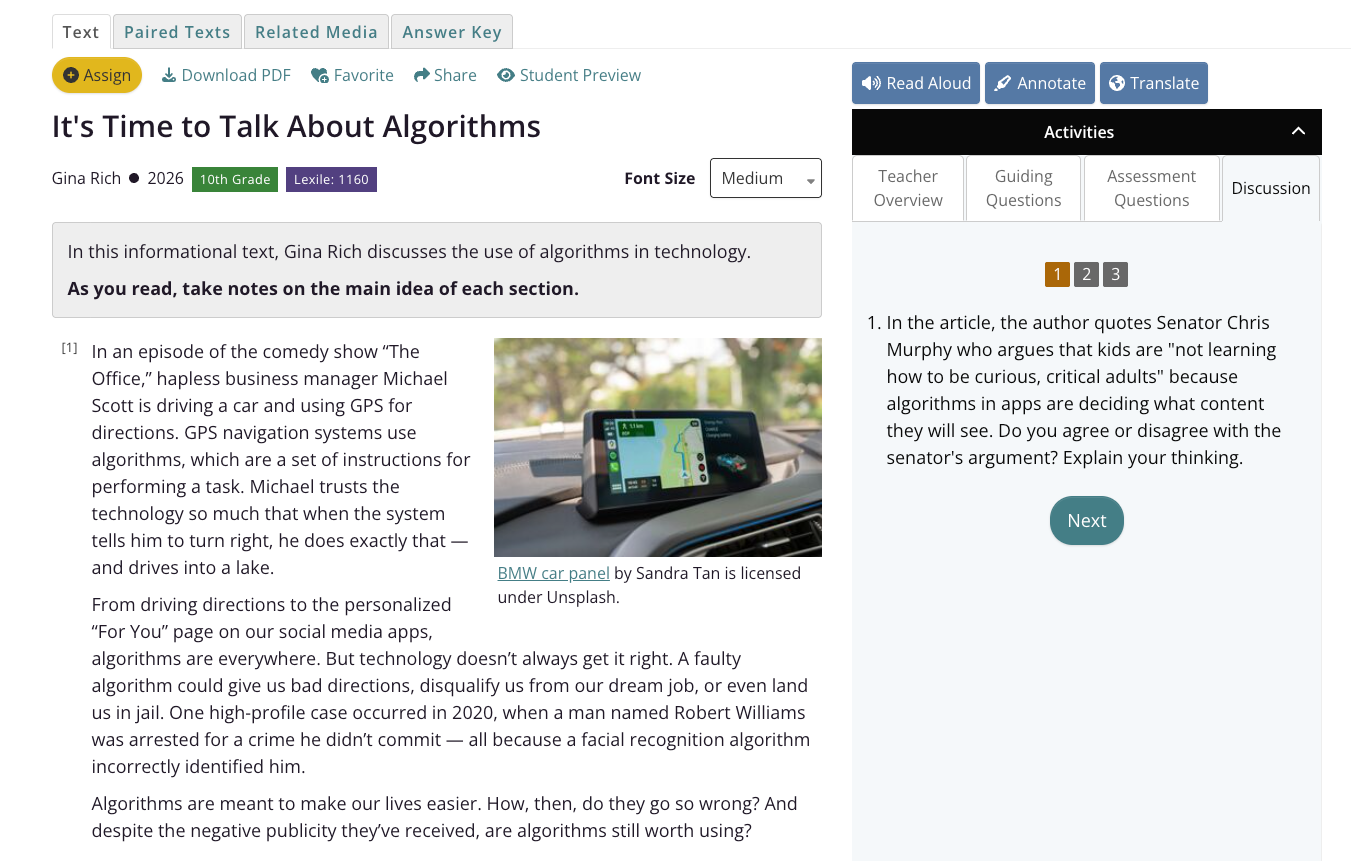 CommonLit lesson for "It's Time to Talk About Algorithms" by Gina Rich