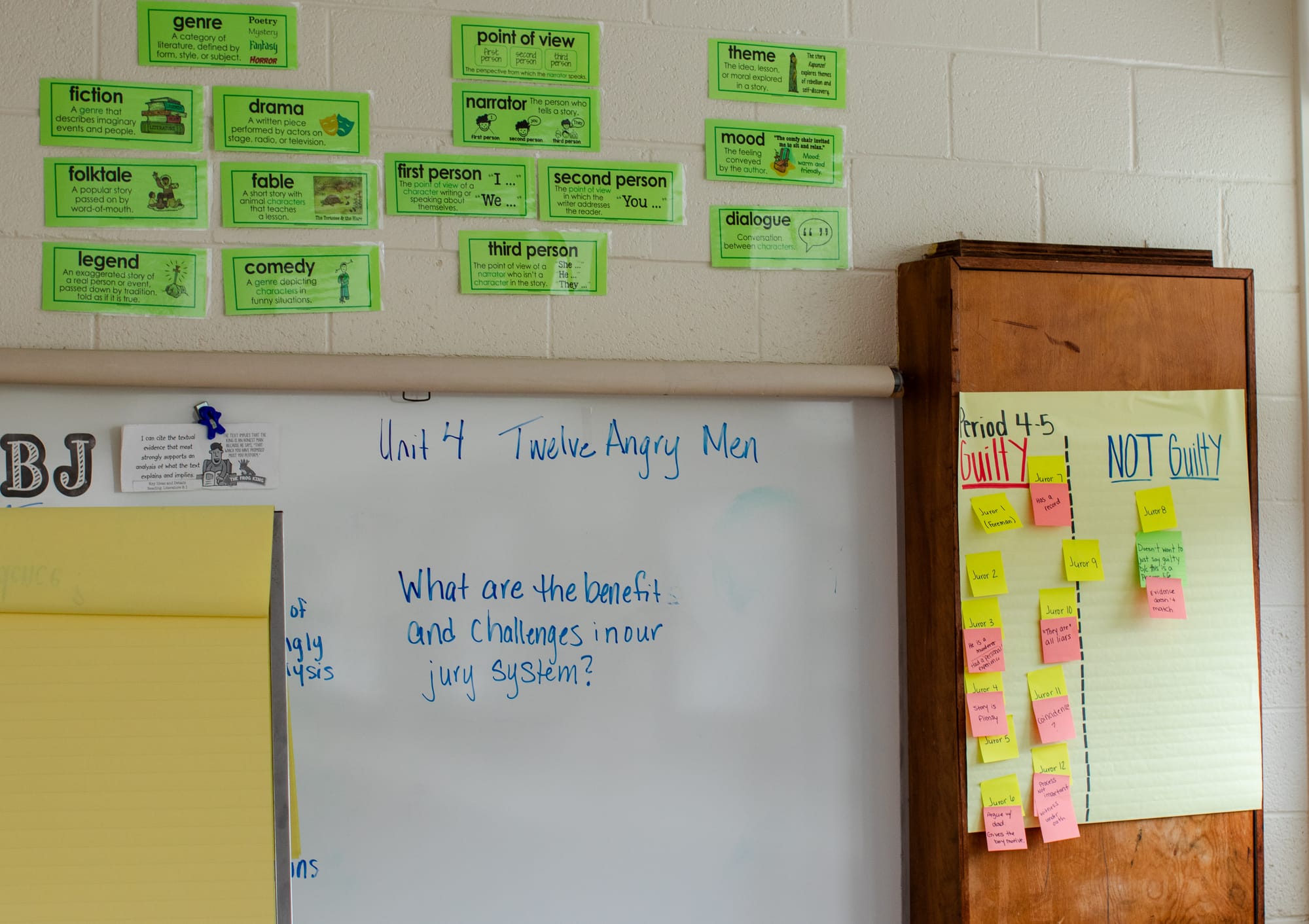 Classroom whiteboard featuring a lesson from an 8th grade CommonLit 360 unit on 12 Angry Men 