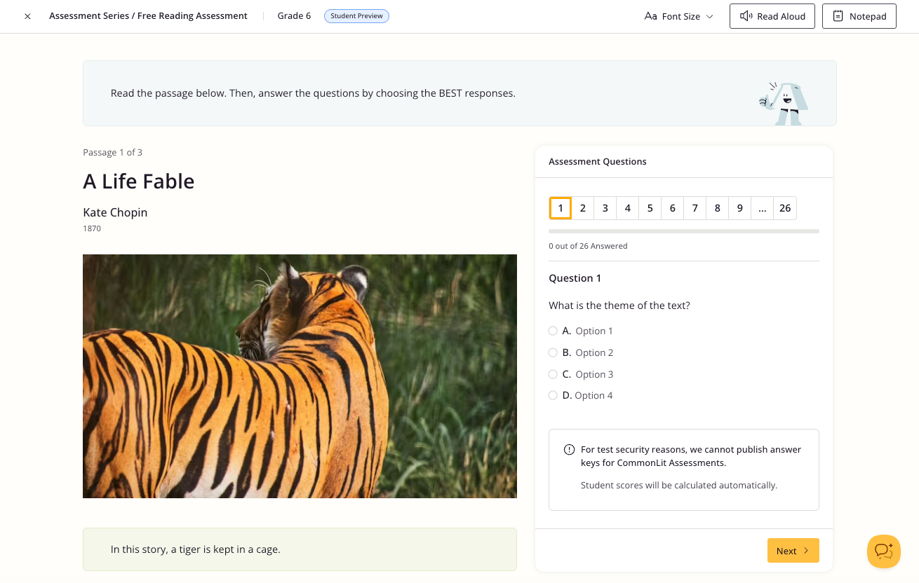A preview of the CommonLit Free Reading Assessment