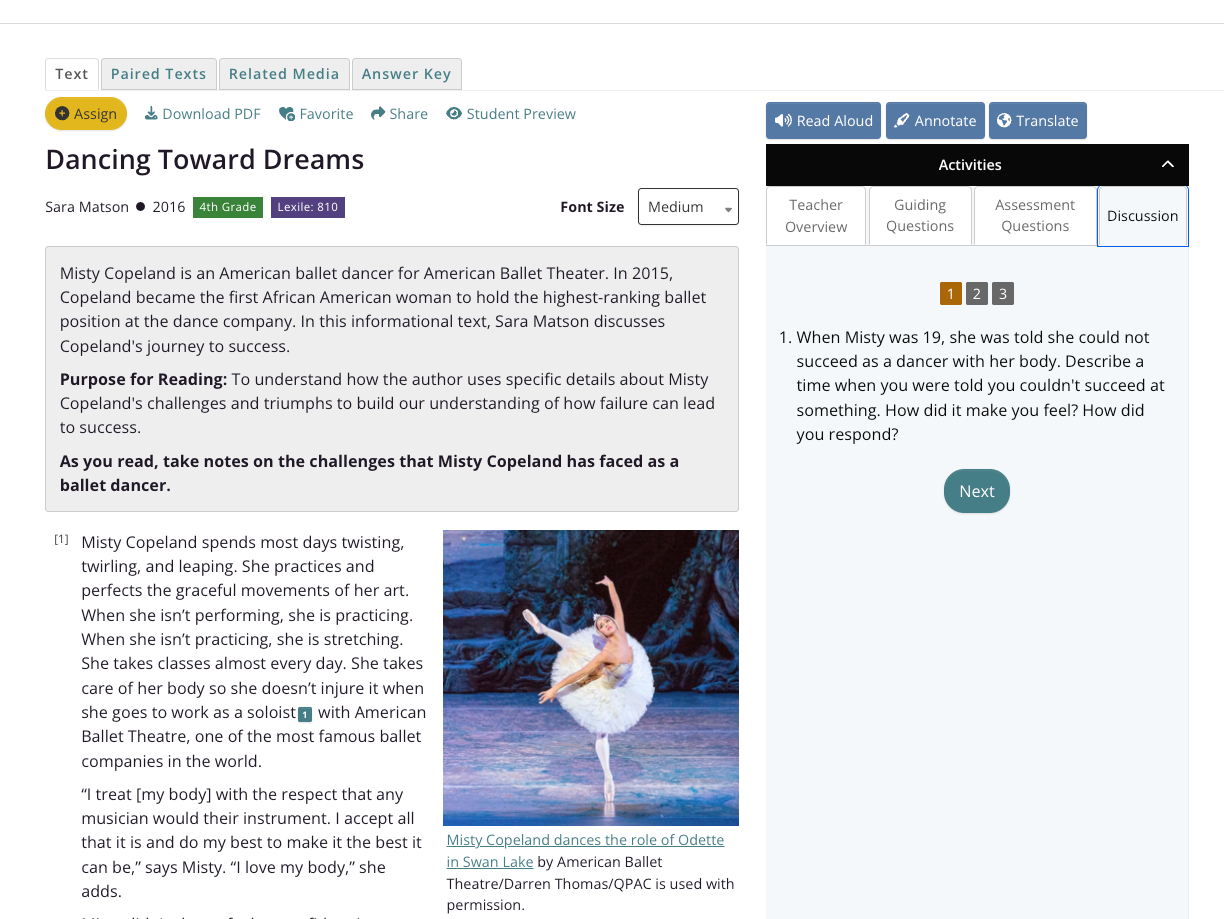 CommonLit lesson page for "Dancing Towards Dreams" by Sara Matson showing the passage on the left and discussion question on the right.