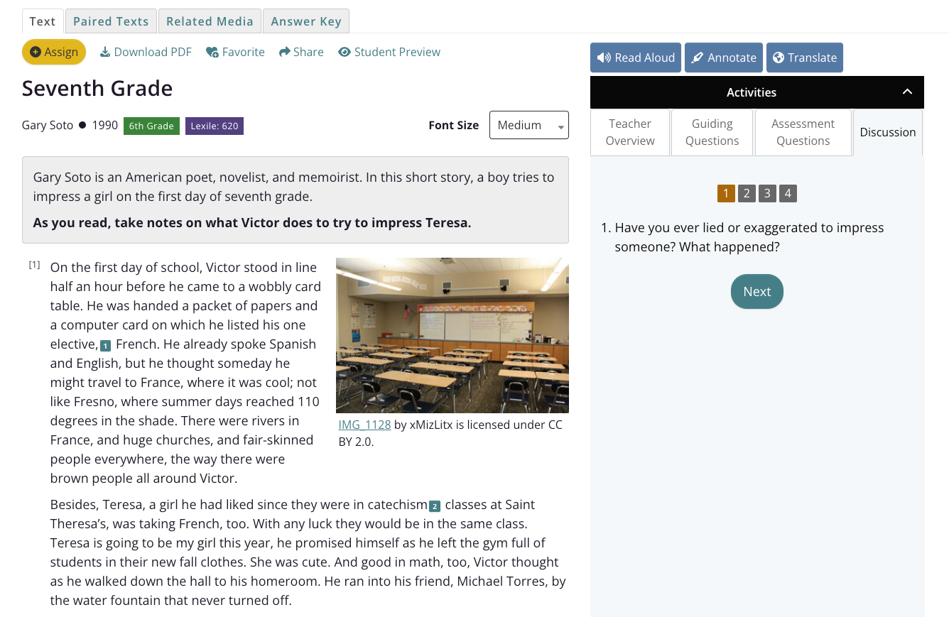 CommonLit lesson for "Seventh Grade" by Gary Soto