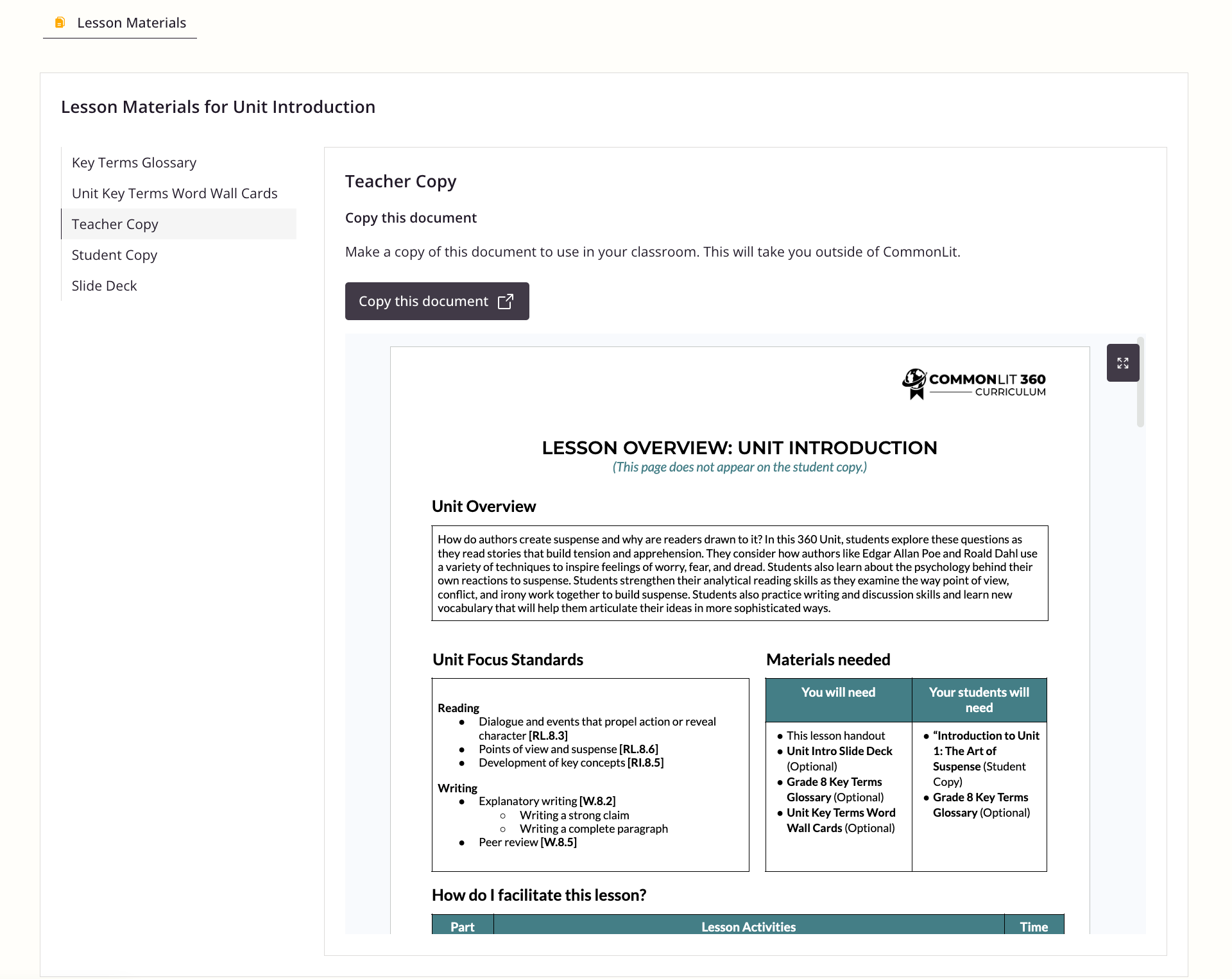 A screenshot of the Teacher Copy from a CommonLit 360 lesson