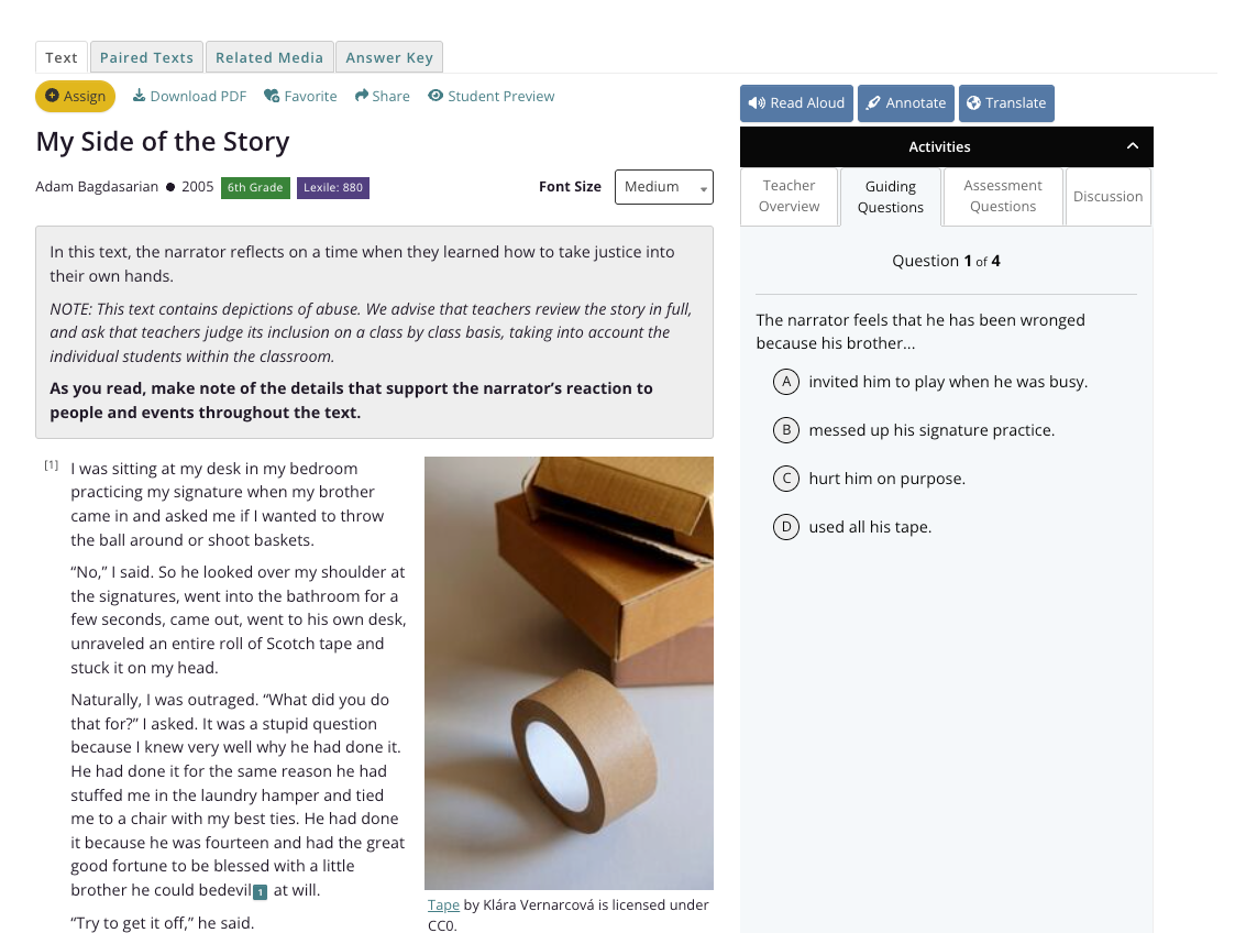 CommonLit text page for "My Side of the Story" by Adam Bagdasarian, with the passage on the left and a multiple-choice question in the Activities panel on the right.