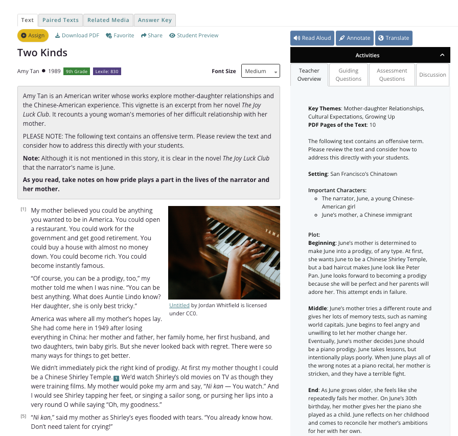 CommonLit text page for "Two Kinds" with Assign, Download PDF, and Student Preview buttons above the passage and teacher activities beside it.