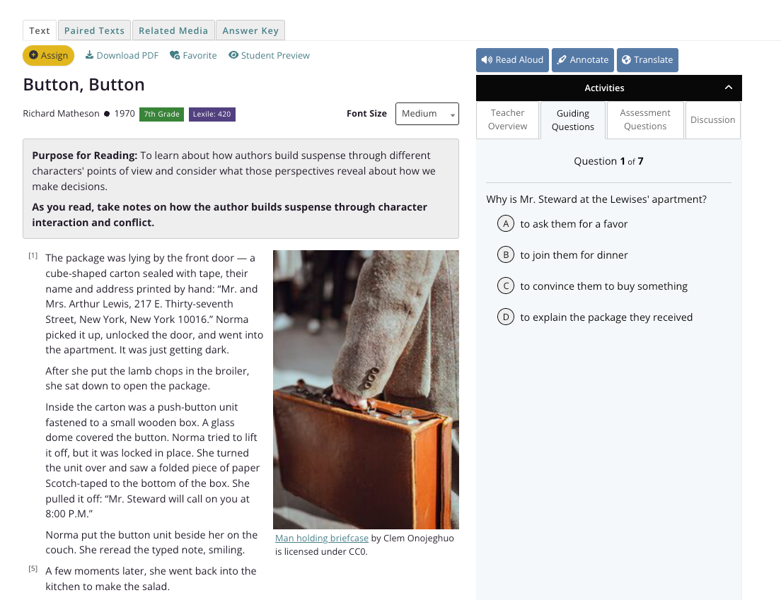 CommonLit text page for "Button, Button" by Richard Matheson, with the passage on the left and a multiple-choice question in the Activities panel on the right.