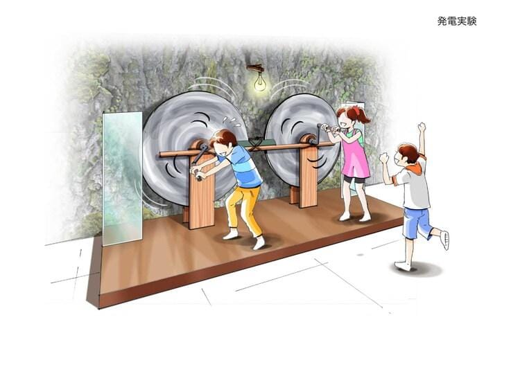 Concept illustration for the Dr. STONE museum exhibition featuring displays inspired by the Kingdom of Science.