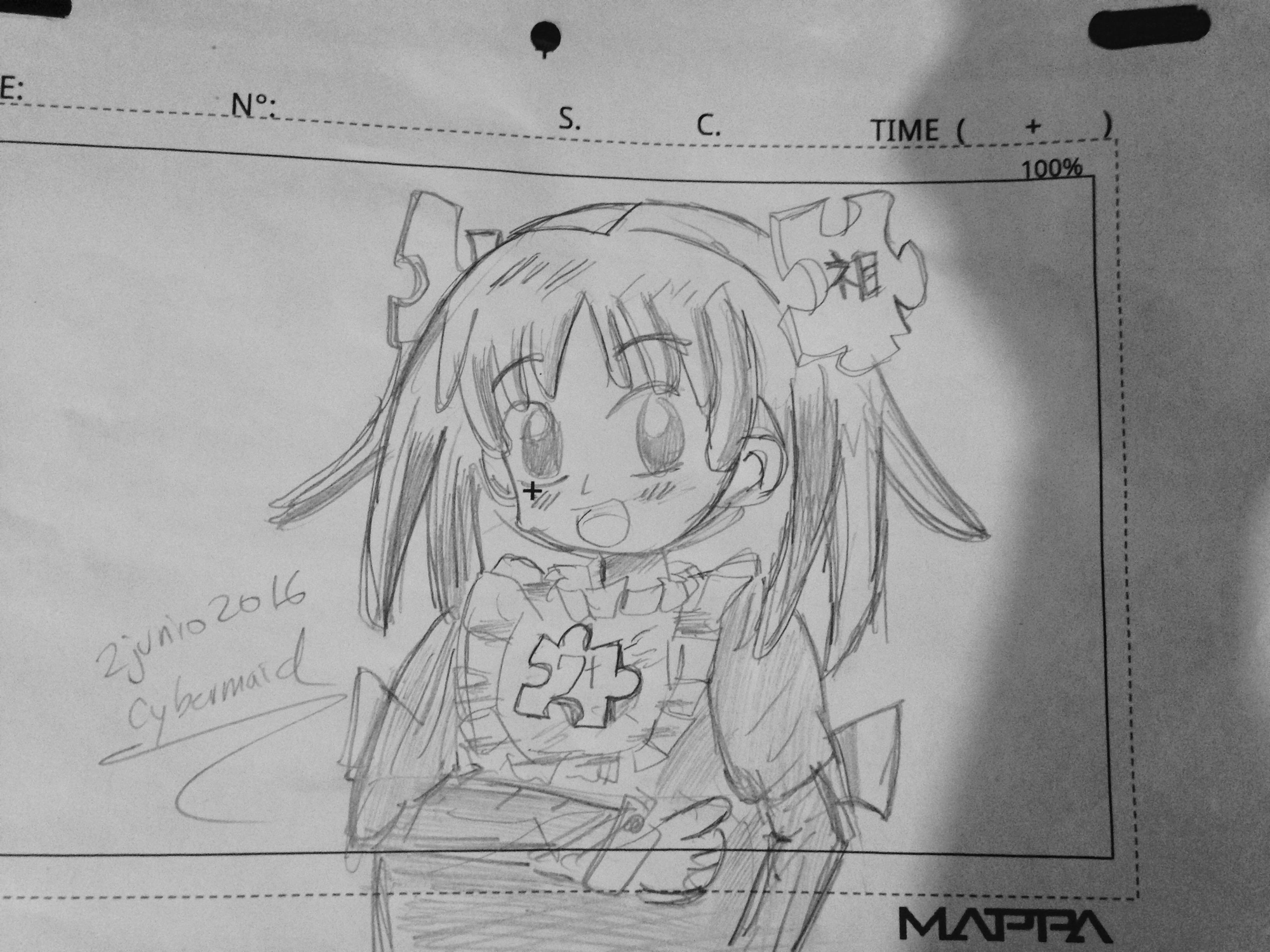 Example animation cel featuring a line drawing of Wikipe-tan, the Wikipedia mascot.