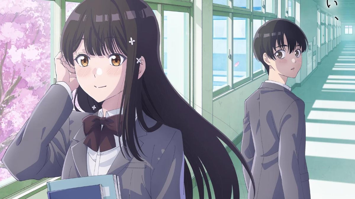 Hizashi Hiruno and Rei Kuromiya pass each other in a school hallway beneath falling cherry blossoms in the teaser visual for Hōkago no Idol ni wa Himitsu ga Aru.
