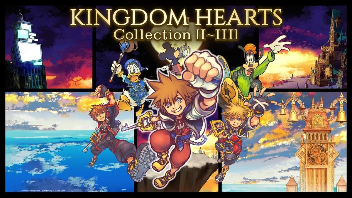 Kingdom Hearts Collection artwork featuring Sora, Donald, Goofy and Mickey against scenes from the series.