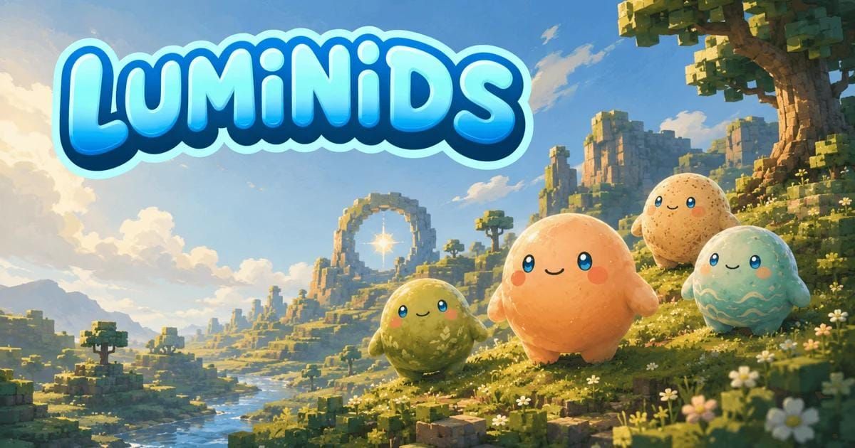 Small glowing creatures gathered in a moonlit meadow in promotional artwork for Luminids.