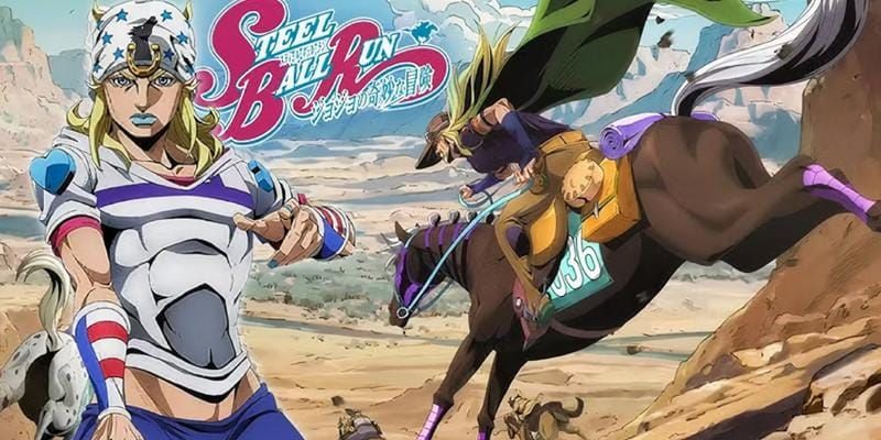 Steel Ball Run anime promotional artwork featuring Johnny Joestar and Gyro Zeppeli.