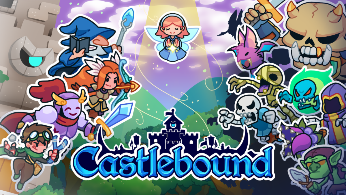 Castlebound gameplay showing colorful 2D characters defending an enchanted walking castle.