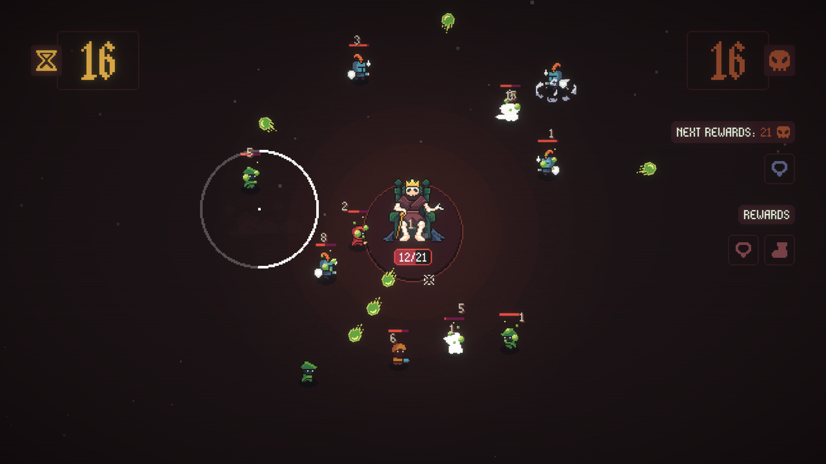 A crowned skeleton sits on a throne as adventurers approach amid green projectiles in Crown Me Again.